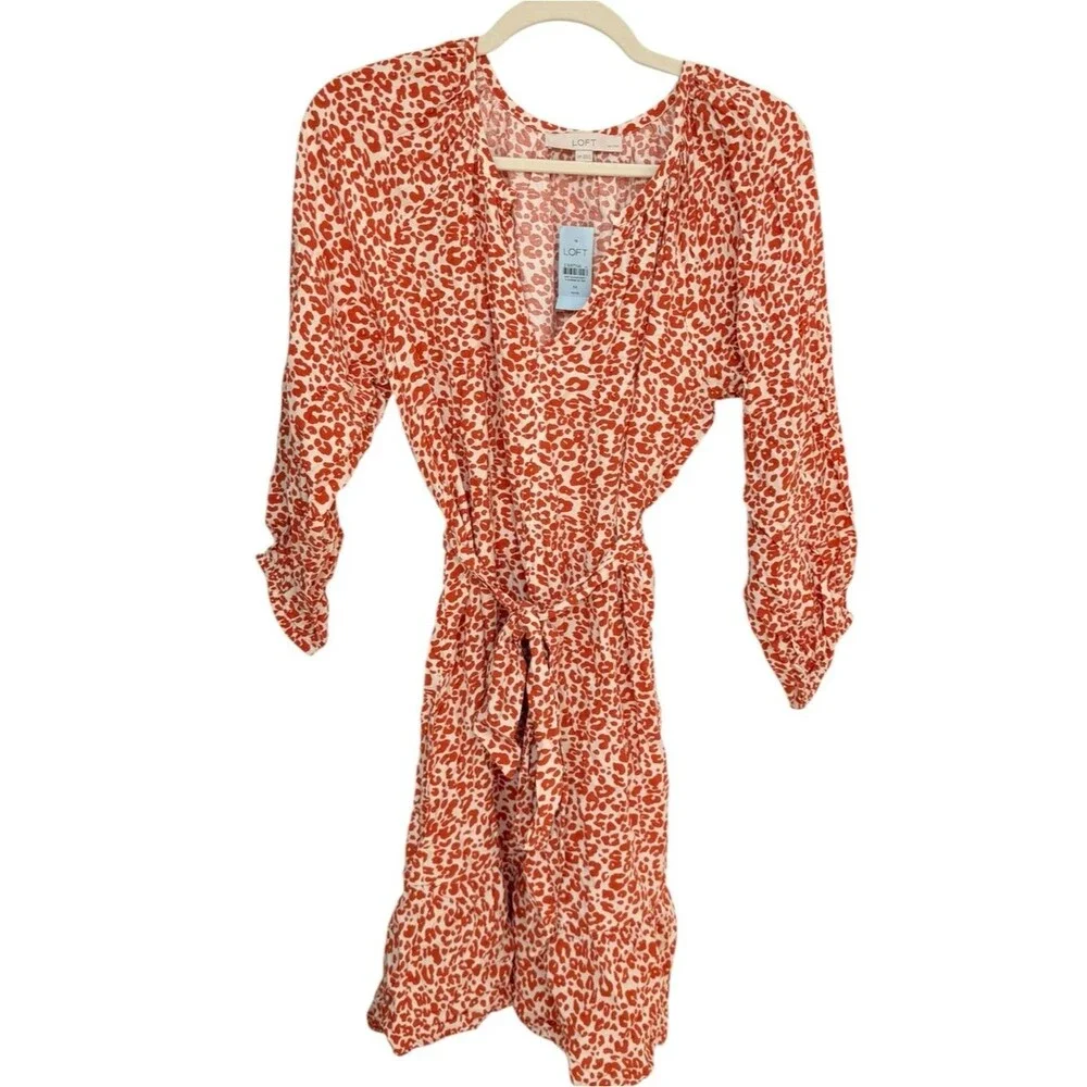 LOFT Leopard Print Orange Split Neck Tie Waist Dress. Medium Petite. MP. NEW.
